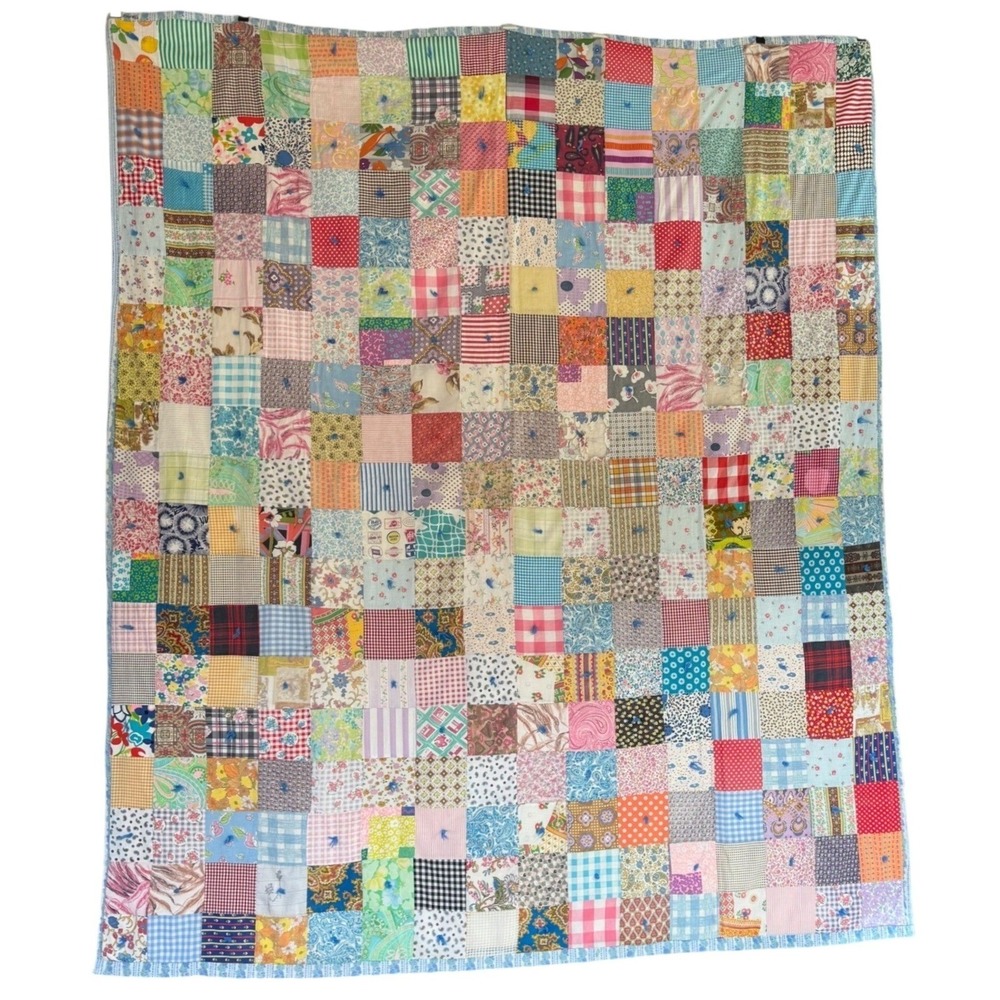 Handmade Vintage tied one-patch Quilt Throw Multicolor Blanket 83x72